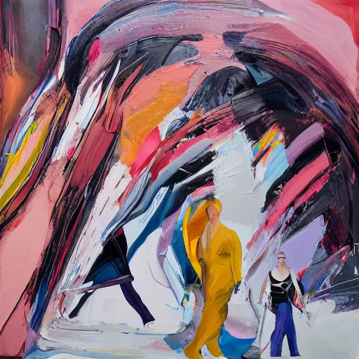 Prompt: _ in _ these _ paintings _ we _ see _ a _ big and tall _ woman _ who _ seem _ to _ be _ walking _ in _ circles in a busy void space, 4 k, in the style of ben quilty, hyper realism, minimal pink palette, medium shot, oil paint with thick brushstrokes of paint, impasto, detailed,