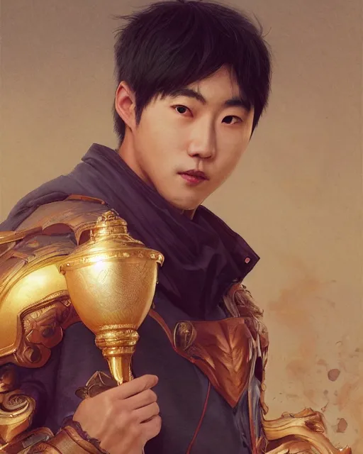 Prompt: a portrait of moon ho joon, held a trophy on his hand, happy face, highly detailed, art by artgerm and greg rutkowski and fra angelico and alphons mucha