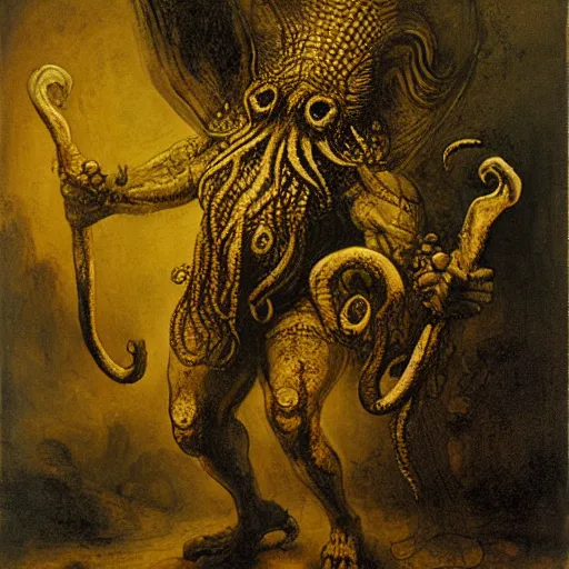 Prompt: Great God Cthulhu, painted by Rembrandt