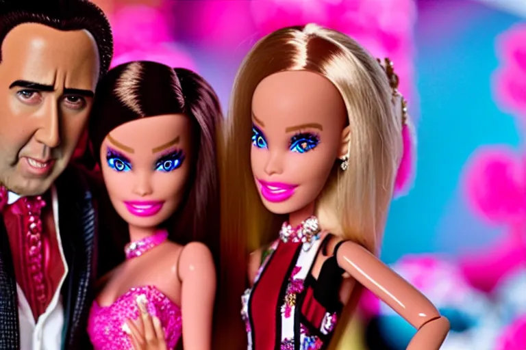 Image similar to Nicolas cage party barbie high resolution still film