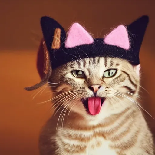 Image similar to cute cat photo licking tongue sticking out, wearing wool hat cat ears