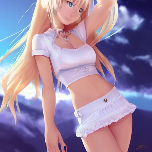 Image similar to tiny father a tall daughter picture : a very beautiful young blond anime girl, sky blue eyes, bikini, white miniskirt, highly detailed, cinematic wallpaper by stanley artgerm lau