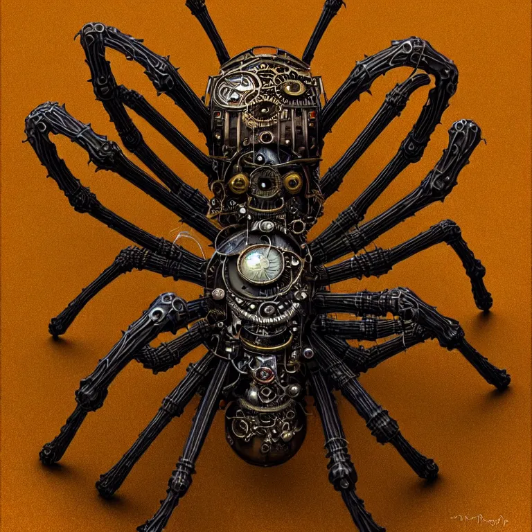 Prompt: steampunk spider, biomechanical, very coherent symmetrical artwork, 3 d model, unreal engine realistic render, 8 k, micro detail, intricate, elegant, highly detailed, centered, digital painting, artstation, smooth, sharp focus, illustration, artgerm, tomasz alen kopera, by wlop