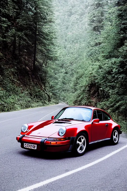 Image similar to Photo of a Porsche 911 Carrera 3.2 on a winding road through mountains and forests. Canon EOS 100, 28-80mm USM MkI, Ektachrome E100