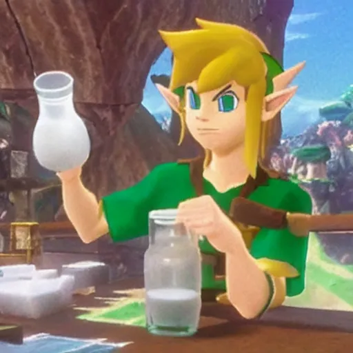 Image similar to link aggressively drinks milk from a bottle, legend of zelda