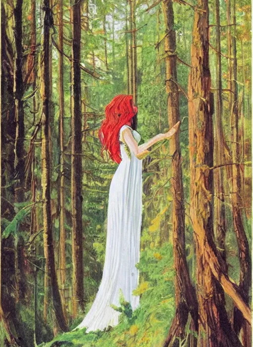 Image similar to a woman with long flowing hair and a flowing white dress in a forest by robert mccall