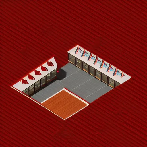 Image similar to isometric top down view of a hotel lobby, full of cherrywood and red carpet, high quality, digital art