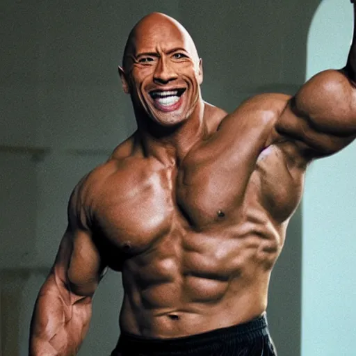 Image similar to photo of dwayne the rock johnson flexing and yelling let's go!, bell visible in the background on his right, low perspective, isometric perspective, film scene