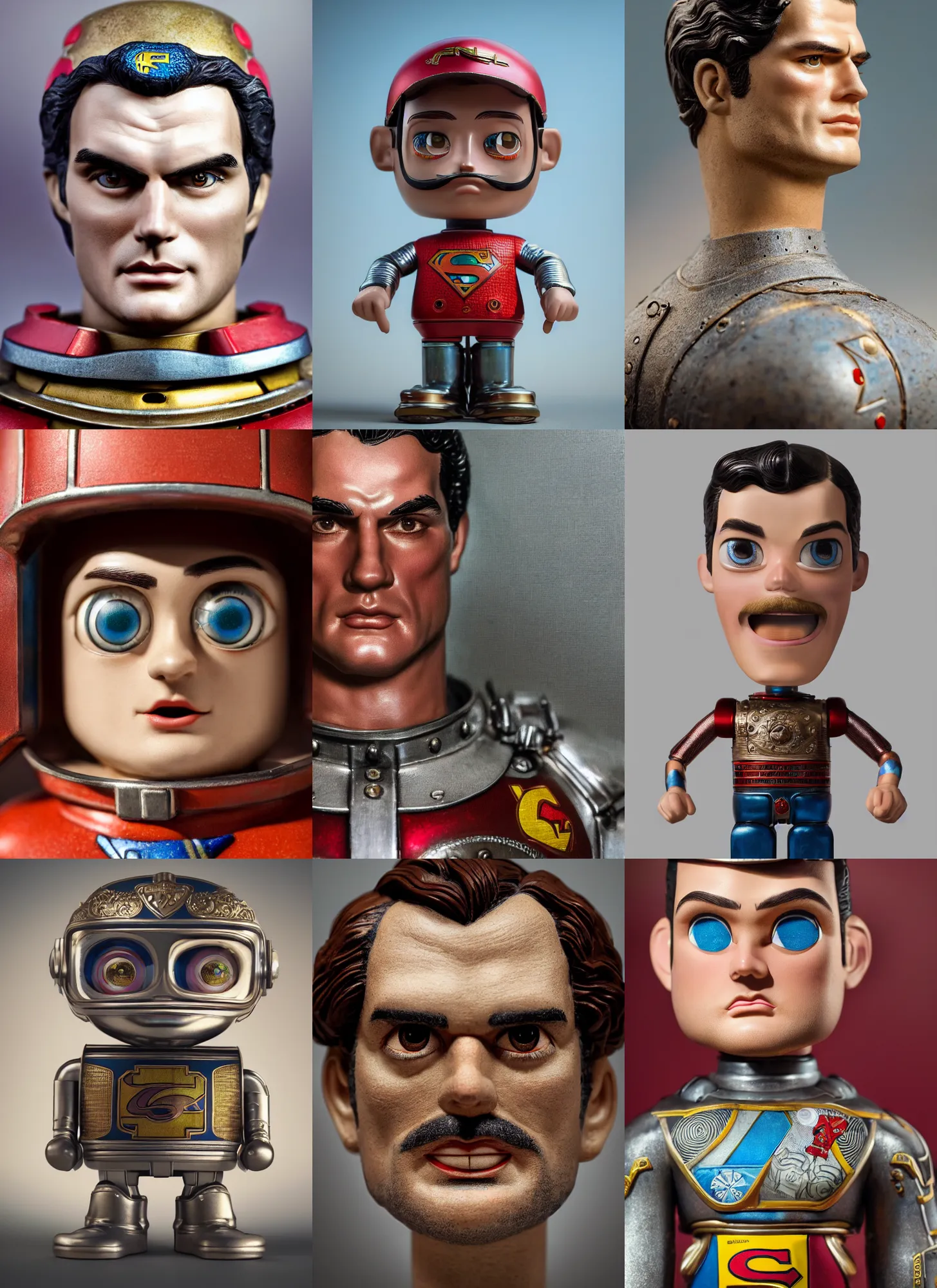 Prompt: closeup portrait of a tin toy henry cavill, depth of field, zeiss lens, detailed, symmetrical, centered, fashion photoshoot, by nicoletta ceccoli, mark ryden, lostfish, earl nore, hyung tae, frank frazetta, breathtaking, 8 k resolution, extremely detailed, beautiful, establishing shot, artistic, hyperrealistic, octane render