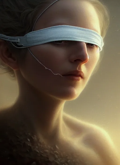 Image similar to closeup portrait shot of a pale woman with blindfold in a scenic dystopian environment, intricate, elegant, highly detailed, centered, digital painting, artstation, concept art, smooth, sharp focus, illustration, artgerm, tomasz alen kopera, peter mohrbacher, donato giancola, joseph christian leyendecker, wlop, boris vallejo