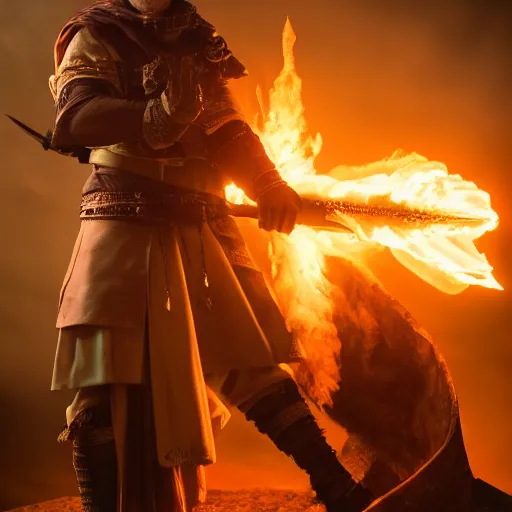 Image similar to adventurer with many weapons strapped to back, flaming aura, holy, D&D character, 4k, dramatic lighting, incredibly detailed