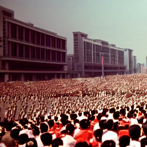 Prompt: cinematic shot of cybernetic kim il - sung standing in a street in pyongyang as a crowd of people cheer in the background, 8 k,