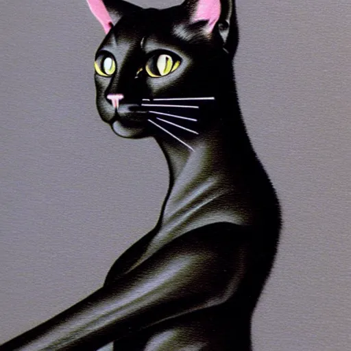 Image similar to portrait of woman with a black cat, confident pose, night, art by peter lloyd, 1 9 8 0's art, retro art airbrush style, art by hajime sorayama,, intricate, elegant, sharp focus, illustration, highly detailed, concept art, matte, sharp focus, illustration, highly detailed, concept art, h 6 4 0