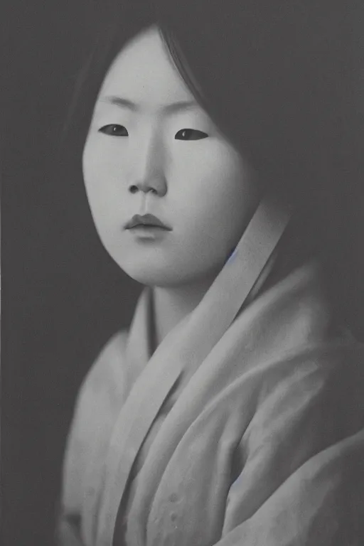 Image similar to native japanese woman with partially masked face, highly realistic, moody lighting, by wang neng jun