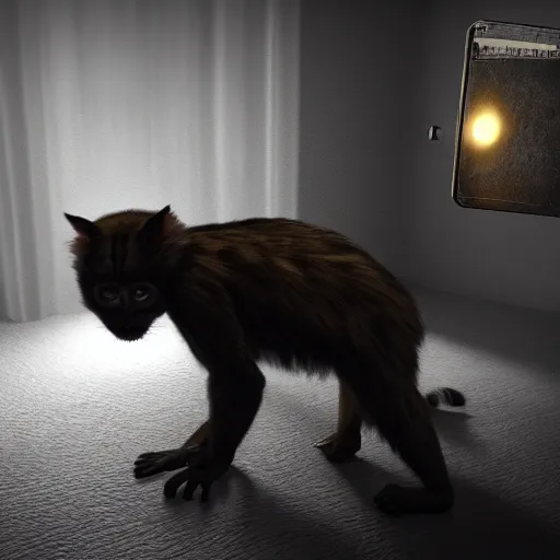 Image similar to half monkey half cat, unreal engine 5, creepy, scary, dramatic lighting, exposure