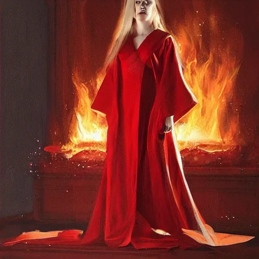 Prompt: a striking hyper real painting of Elle Fanning in a red cultist robe, fire lit, by Craig Mullins