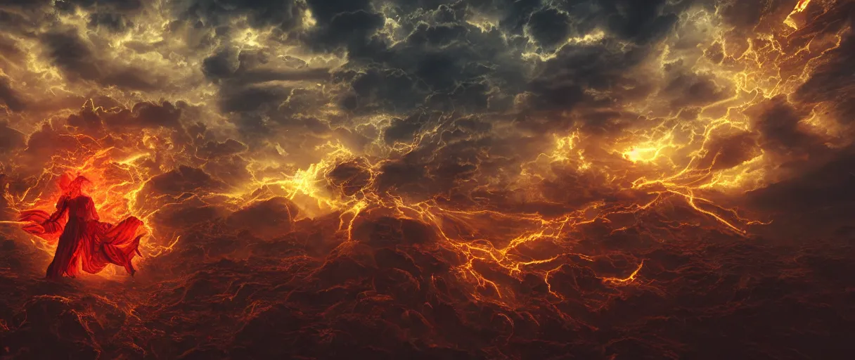 Prompt: God fighting The Devil by Gabriel Garcia Marquez, symmetrical, centered, dramatic angle, ornate, details, smooth, sharp focus, illustration, realistic, cinematic, artstation, award winning, rgb , unreal engine, octane render, cinematic light, macro, depth of field, blur, gold and red light and clouds from the back, 8K,