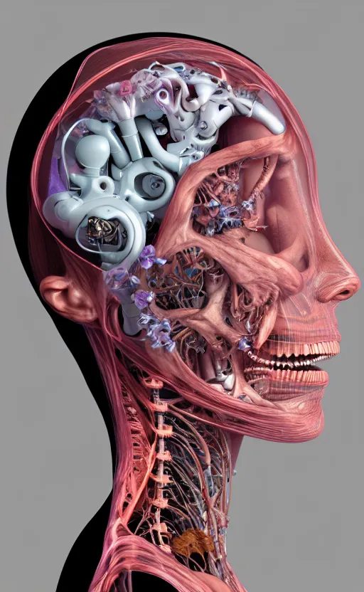 Image similar to 3D render of a beautiful profile face portrait of a female cyborg, 150 mm, flowers, Mandelbrot fractal, anatomical, flesh, facial muscles, wires, microchip, veins, arteries, full frame, microscopic, elegant, highly detailed, flesh ornate, elegant, high fashion, rim light, octane render in the style of H.R. Giger and Bouguereau