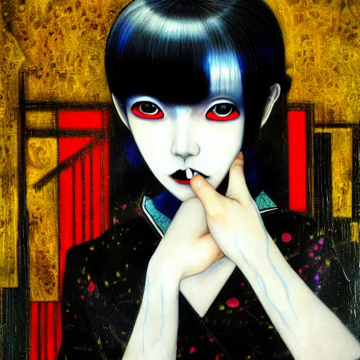 Image similar to yoshitaka amano blurred and dreamy realistic three quarter angle painting of a young woman with black lipstick and black eyes wearing dress suit with tie, junji ito abstract patterns in the background, satoshi kon anime, noisy film grain effect, highly detailed, renaissance oil painting, weird portrait angle, blurred lost edges