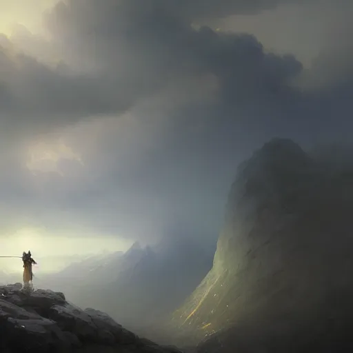 Image similar to epic portrait an hooded mage walking on cloudy hills, ripped cape, blurred backround, broad light, ambient occlusion, volumetric light effect, made by ivan aivazovsky, peter mohrbacher, greg rutkowski, matte painting, trending on artstation, 4 k, perfectly defined features, digital painting,