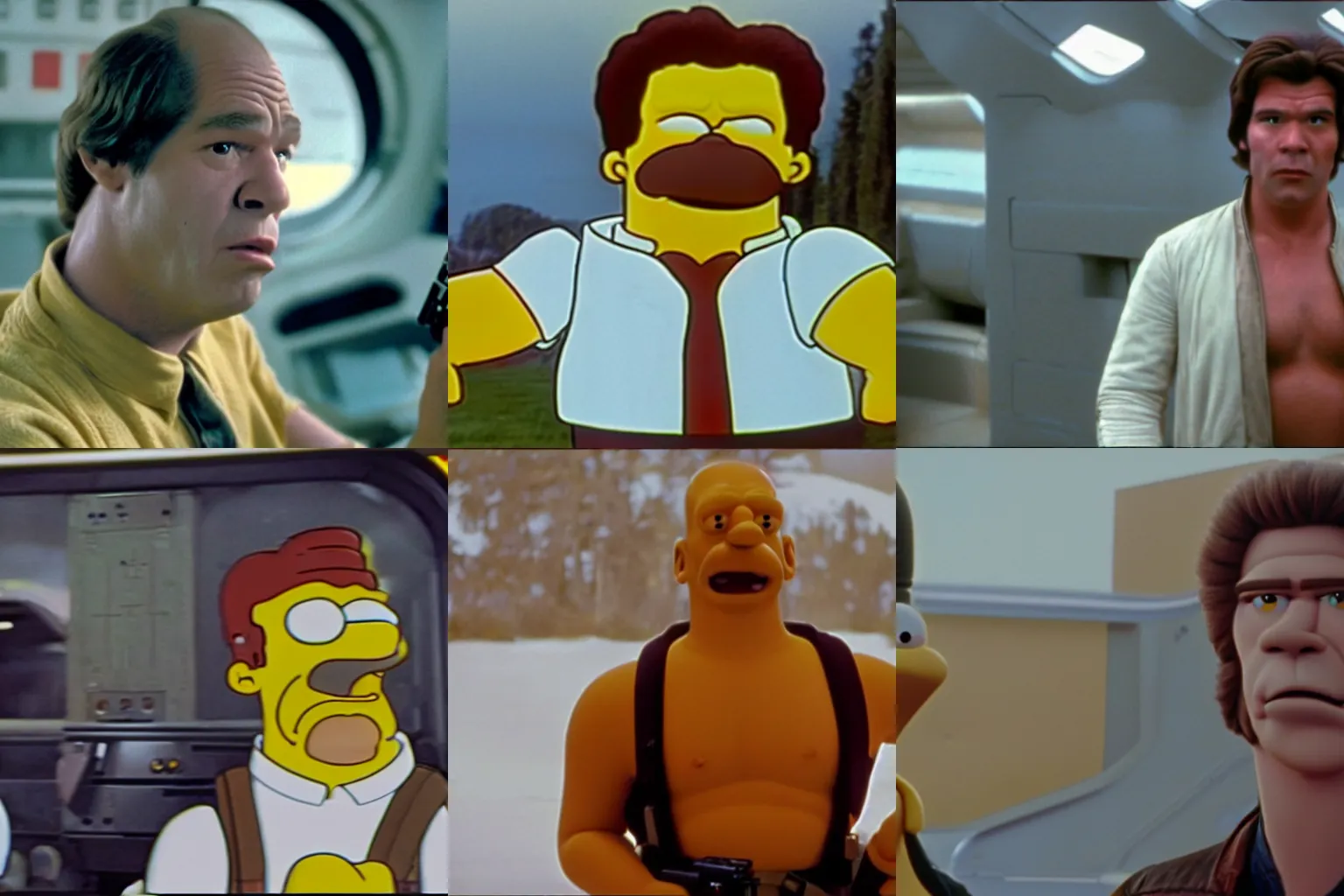 Prompt: film still of realistic human Homer Simpson as Han Solo in Star Wars (1977)