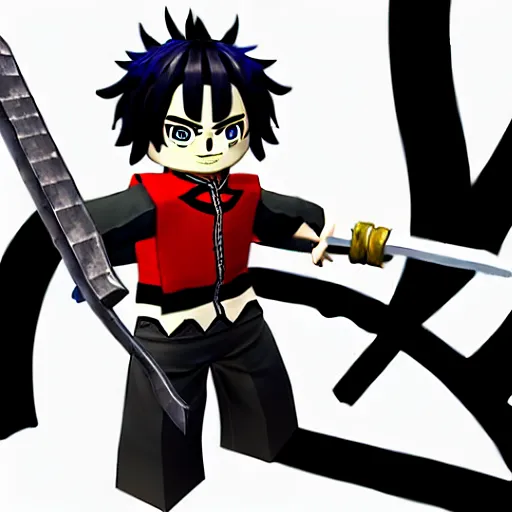 Image similar to ROBLOX character holding a sword in a fighting stance, cinematic scene, illustrated by Koyuharu Gotouge in the style of Demon Slayer, Kimetsu no Yaiba, manga black and white, highly detailed