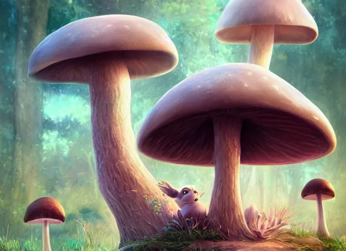 Image similar to a cute creature sitting next to a mushroom concept portrait, detailed, sharp focus, pastel, intricate, realistic, smooth, volumetric lighting, digital painting, by miyazaki