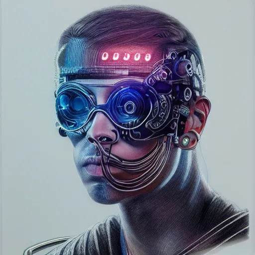 Image similar to a beautiful portrait of a young bionic male cyborg, cyberpunk, intricate wiring, electronic components, augmented vision, volumetric light, photography, color, intricate, extremely detailed, hyperrealistic, color pencil drawing, trending on artstation