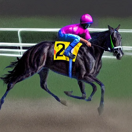 Image similar to close - up front view of a racing thoroughbred stallion ( with jockey in colorful outfit ) galloping extremely hard and emerging headfirst out of very dense ground fog to win a race at the track. photorealistic digital art.