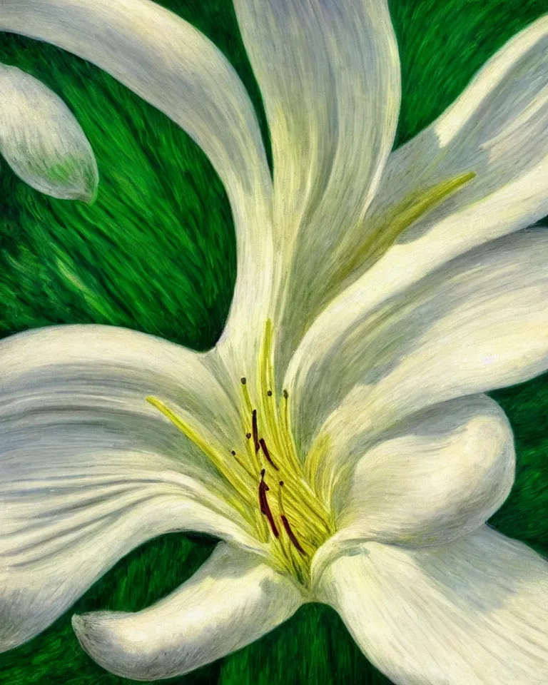 Prompt: achingly beautiful extreme close up painting of one white lily blossom on green background rene magritte, monet, and turner. piranesi. macro lens, symmetry, circular.