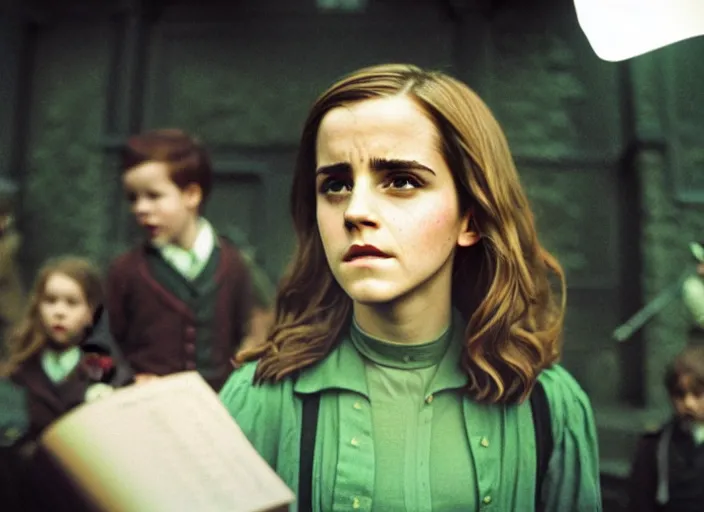 Image similar to photograph. emma watson as hermione granger. behind the scenes. harry potter film set. kodak ektachrome. green tint. rxpired film. extremely detailed. 4 k. award winning.