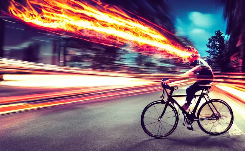 Image similar to a bicycle with a rocket engine attached to the back, flames and fire shooting out the back, light trails and motion blur, stylized photo