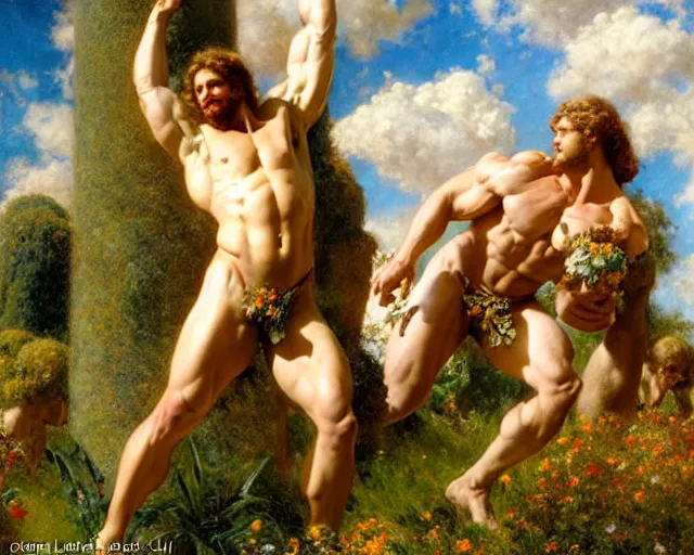 Image similar to muscular hercules and muscular achilles frolic in a meadow of beautiful flowers, large topiary and marble pillars in the background, painting by gaston bussiere, craig mullins, j. c. leyendecker, tom of finland