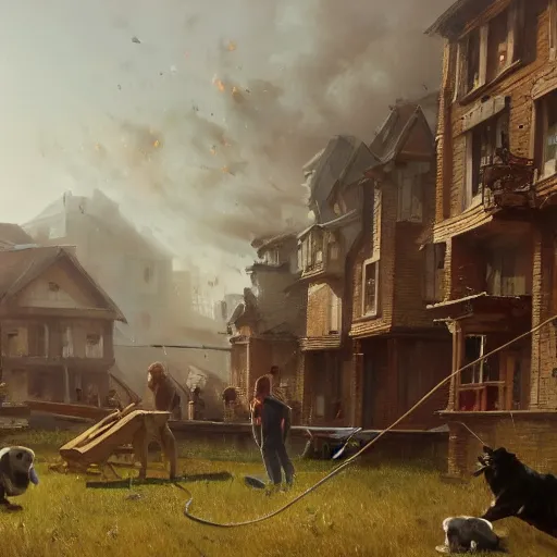 Image similar to a highly detailed oil painting of a giant dog smashing houses, bystanders watching from the sides, 4 k, by greg rutkowski, artstation,