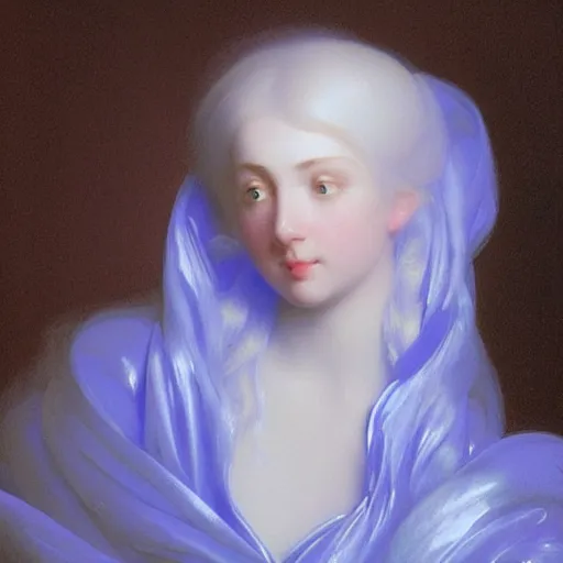 Image similar to young woman's face, her hair is white and she wears a cobalt blue duchesse satin cloak, by ivan aivazovsky and syd mead and moebius and roger dean and aelbert cuyp and willem claesz and pieter claesz and paul delaroche and alma tadema, hyperrealistic, volumetric light, octane