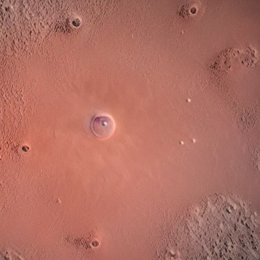 Image similar to very high resolution, fine detail, 4 k, aerial photo looking down from above on a large crater with a city around it, on the surface of planet mars, with red desert dunes