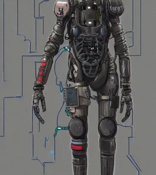 Image similar to realistic cyberpunk japanese engineer with long limbs and a black spacesuit carrying welder, techwear, dead space, visible face, Industrial Scifi, detailed illustration, character portrait, by Martin Grip and Moebius