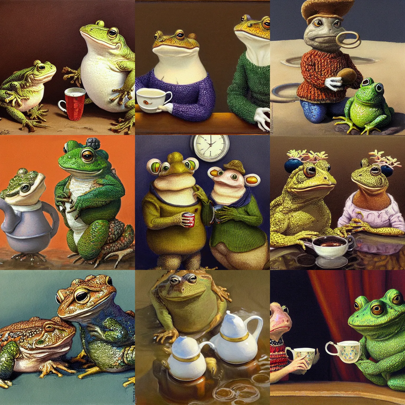 Prompt: mister Toad and missus Toad drinking tea and wearing sweaters. Detailed painting of two toads by James Gurney