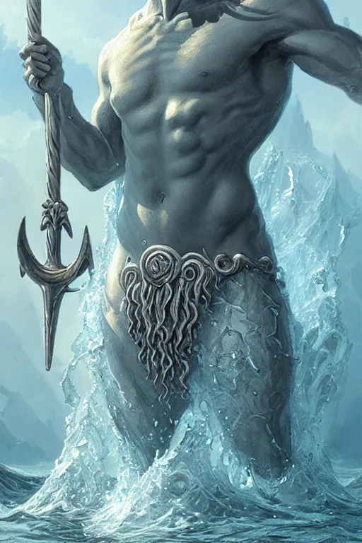 Image similar to poseidon humanoid god of the sea, trident, highly detailed, d & d, fantasy, highly detailed, digital painting, trending on artstation, concept art, sharp focus, illustration, art by artgerm and greg rutkowski and magali villeneuve