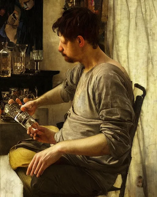 Image similar to an exhausted painter in his studio with a whiskey bottle by edgar maxence and caravaggio, intricate painting, hyper realistic, extremely detailed and beautiful aesthetic face, 8 k resolution