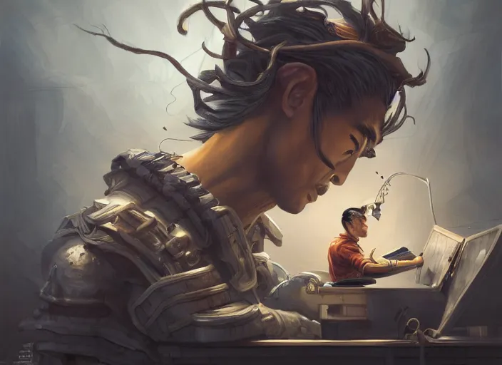 Image similar to an insanely detailed painting of an asian man wearing a homemade superhero costume, sitting at a desk, staring seriously at the computer and typing, in the style of peter mohrbacher, dramatic lighting and composition, surreal background, octane render, pixar, trending on artstation, concept art, comic book, view from behind, 8 k