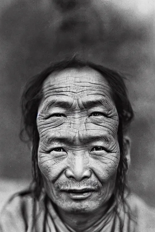 Prompt: ultra realistic vintage photo portrait of a tibetan man with a deep hole on the middle of his forehead, by Annie Leibovitz,