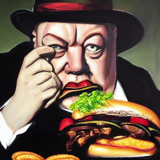 Image similar to mysterious portrait of winston churchill emerging from the dark void eating burger, face partially melting like glitching out LSD effect, figure in the darkness of renaissance, serving big macs, Francisco Goya, painted by John Singer Sargant, Adrian Ghenie, style of Francis Bacon, highly detailed, 8k, trending on artstation