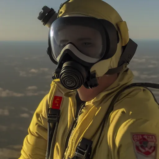 Prompt: a film still of a jet pilot wearing a flight suit and gas mask, attached to a parachute, in the sky, 8k