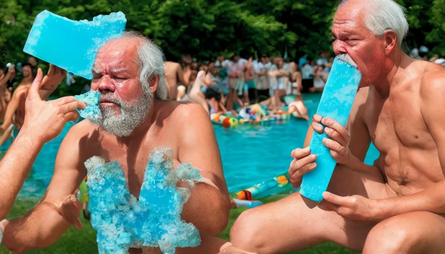 Image similar to Socrates eating a translucent turquoise hemlock popsicle at the last pool party he will ever attend, he is comforted by his disciples, large cloud of fire engulfs him, in the style of Martin Parr The Last Resort, ring flash closeup photograph