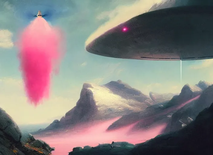 Prompt: Where ufo and aircraft fly in the sky. There is a high mountain and right next to it is a pink waterfall. Fantasy digital painting by Greg Rutkowski. Fantasy. Digital painting. Greg Rutkowski. Fantasy artwork.