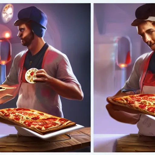 Prompt: man is surprised opening a pizza oven, discovers pizza, photo by artgerm, greg rutkowski and alphonse mucha, unreal engine 5, 4 k uhd