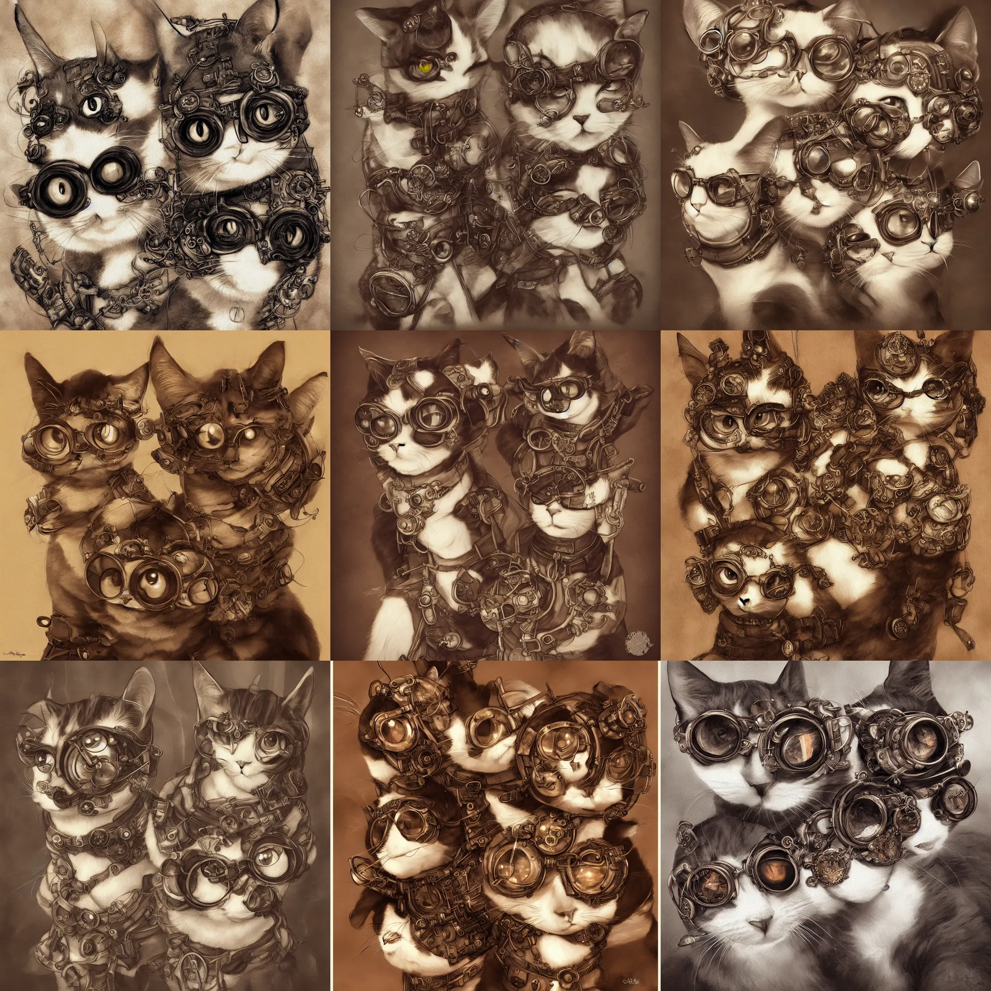 Prompt: a calico cat portrait with steampunk googles, by ROSS tran, studio ghibli inspired, sepia