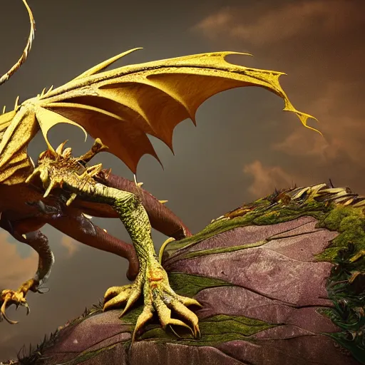 Image similar to an injured damaged dragon with patchy yellow scales and exposed bones and has a broken wing and leg, fantasy, intricately detailed, 8 k render, ultra high resolution, octane render, trending on artstation