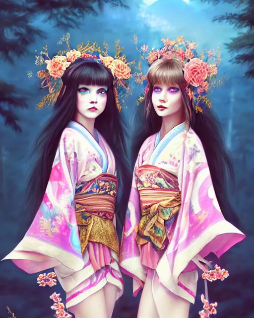 Image similar to two beautiful fashion siberian girls wear fantasy kimono in festival | | big eyes, sunny, dreamlike art, realistic shaded, smile, good looking, hyper details, 4 k realistic, cryengine, realistic shaded lighting poster by artgerm, ross tran, fuji choko, loish, 8 k resolution, trending on artstation, luxury